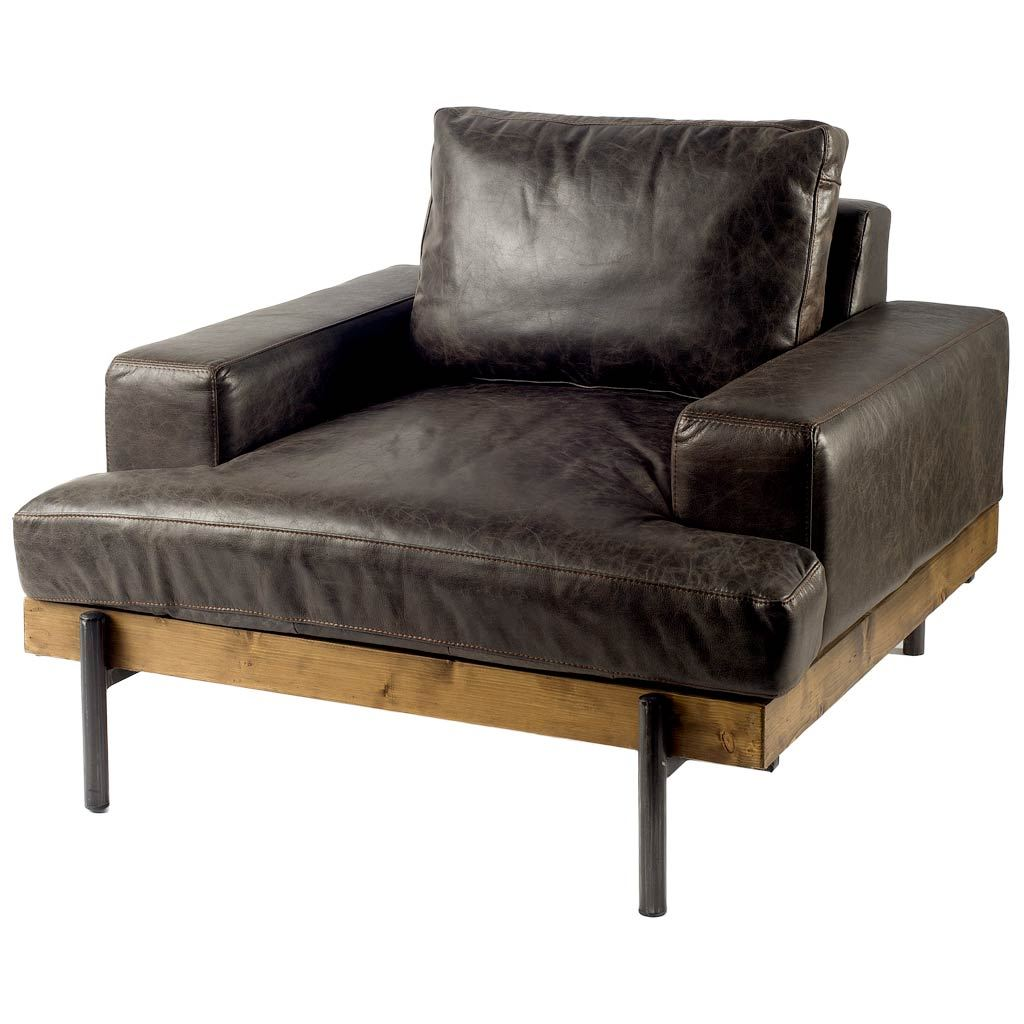 The Capone Leather Wide Accent Chair With Wood And Black Iron Base